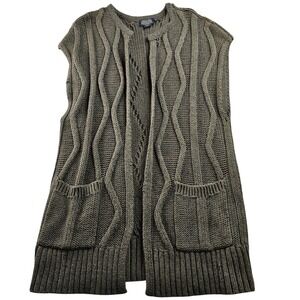 Pendleton CottonCashmere Green Cable Knit Open Front Long Cardigan Vest SZ SP